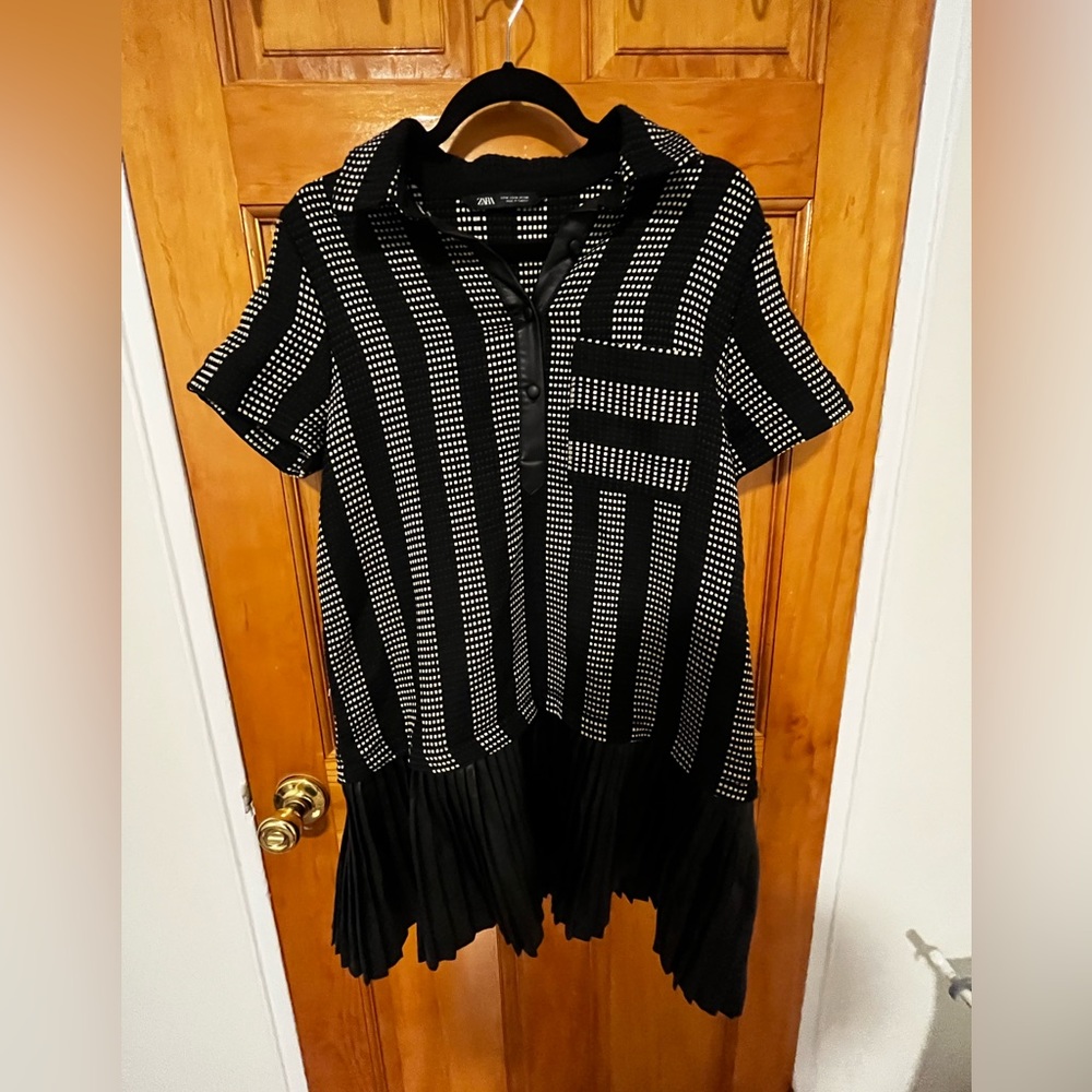 NWT Zara black and white sheath dress with leather pleated detailing